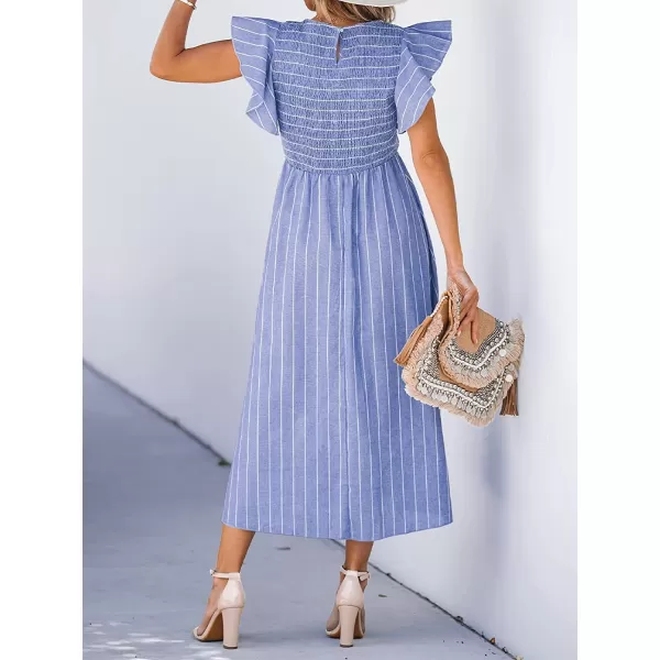 imageCUPSHE Womens Square Neck Striped Smocked Dress Ruffled Cap Sleeves Dress A Line Maxi DressBlue