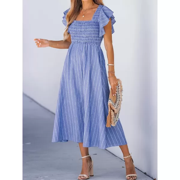 imageCUPSHE Womens Square Neck Striped Smocked Dress Ruffled Cap Sleeves Dress A Line Maxi DressBlue