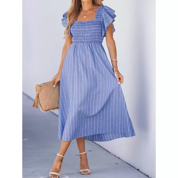 imageCUPSHE Womens Square Neck Striped Smocked Dress Ruffled Cap Sleeves Dress A Line Maxi DressBlue