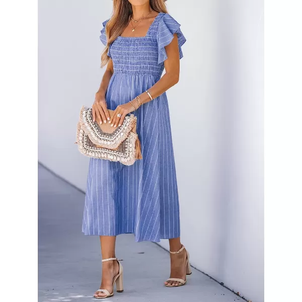 imageCUPSHE Womens Square Neck Striped Smocked Dress Ruffled Cap Sleeves Dress A Line Maxi DressBlue