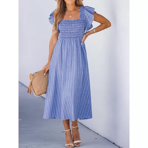 imageCUPSHE Womens Square Neck Striped Smocked Dress Ruffled Cap Sleeves Dress A Line Maxi DressBlue