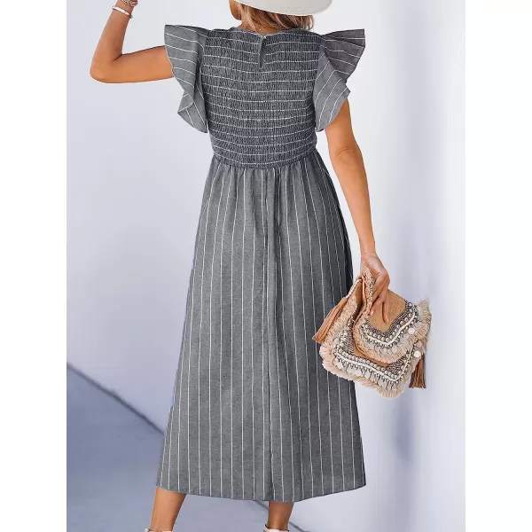 imageCUPSHE Womens Square Neck Striped Smocked Dress Ruffled Cap Sleeves Dress A Line Maxi DressGrey