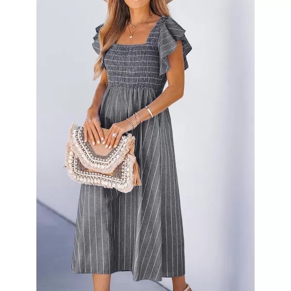 imageCUPSHE Womens Square Neck Striped Smocked Dress Ruffled Cap Sleeves Dress A Line Maxi DressGrey