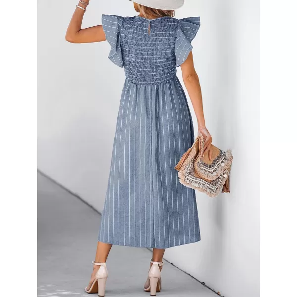imageCUPSHE Womens Square Neck Striped Smocked Dress Ruffled Cap Sleeves Dress A Line Maxi DressSteel Blue