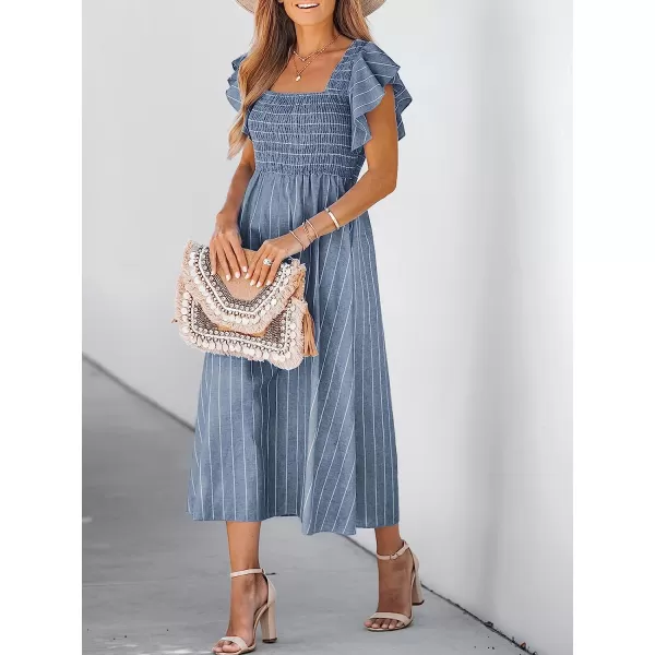 imageCUPSHE Womens Square Neck Striped Smocked Dress Ruffled Cap Sleeves Dress A Line Maxi DressSteel Blue