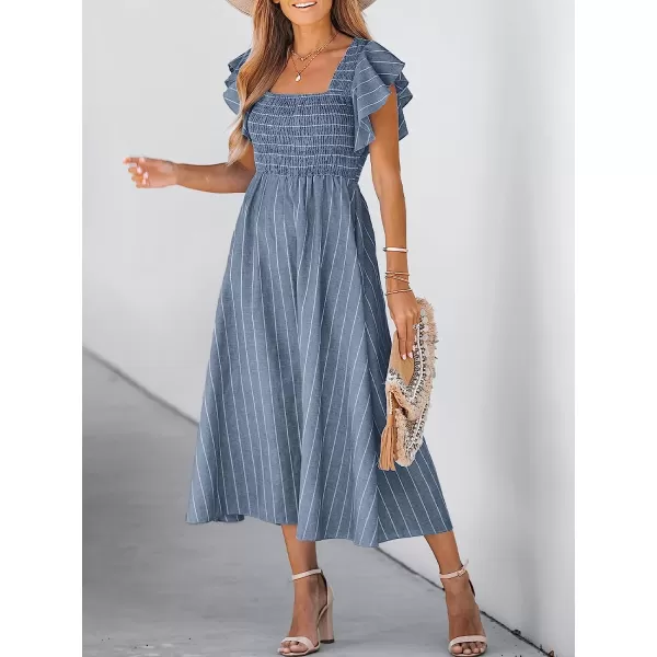 imageCUPSHE Womens Square Neck Striped Smocked Dress Ruffled Cap Sleeves Dress A Line Maxi DressSteel Blue