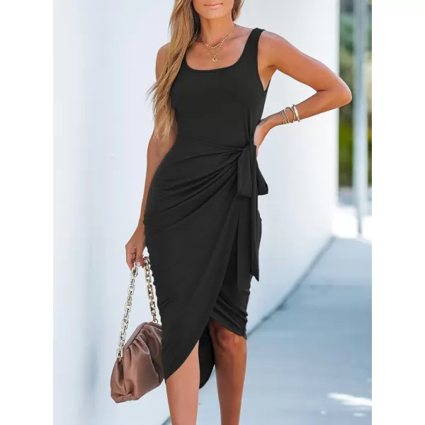 imageCUPSHE Womens Square Neck Wrap SelfTie Dress Short Sleeve Formal Dress Tulip Hem Midi DressBlack