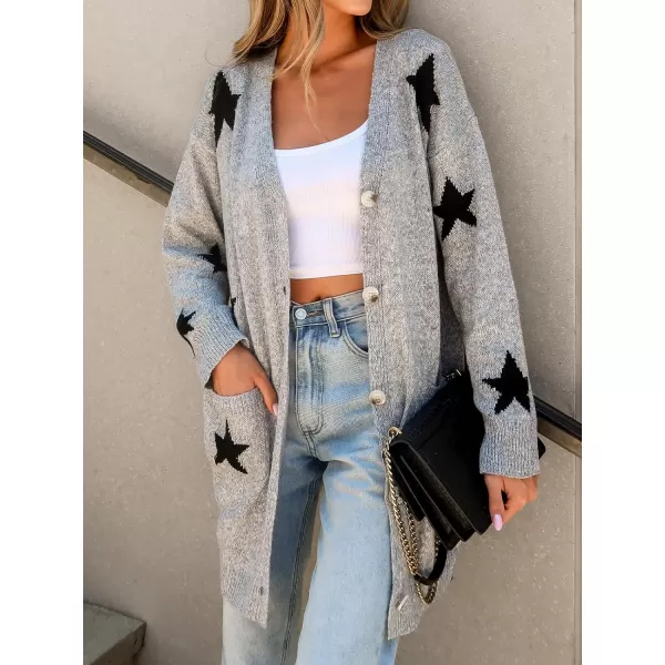 imageCUPSHE Womens Star Print ButtonFront Cardigan Sweaters Fashion Knit Outwear VNeck Cardigans Sweater Coat Long SleeveGrey