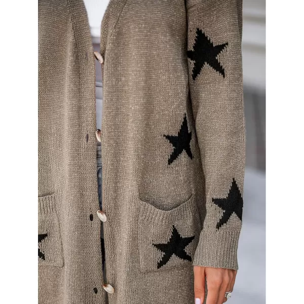 imageCUPSHE Womens Star Print ButtonFront Cardigan Sweaters Fashion Knit Outwear VNeck Cardigans Sweater Coat Long SleeveKhaki