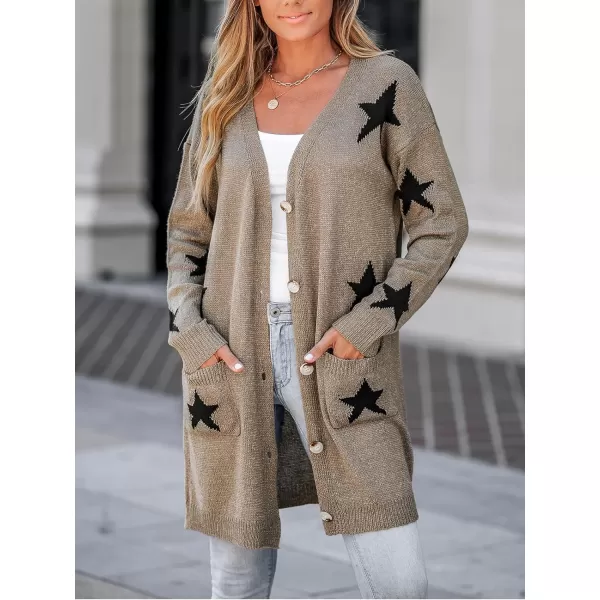 imageCUPSHE Womens Star Print ButtonFront Cardigan Sweaters Fashion Knit Outwear VNeck Cardigans Sweater Coat Long SleeveKhaki