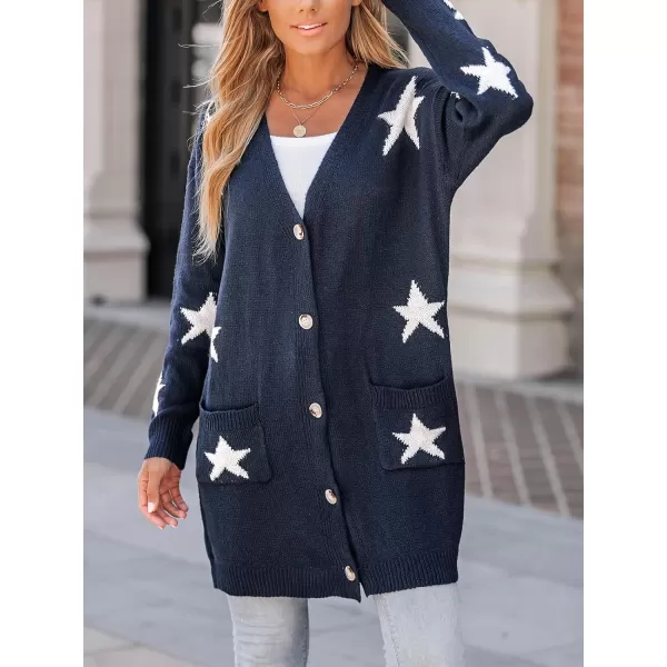 imageCUPSHE Womens Star Print ButtonFront Cardigan Sweaters Fashion Knit Outwear VNeck Cardigans Sweater Coat Long SleeveNavy
