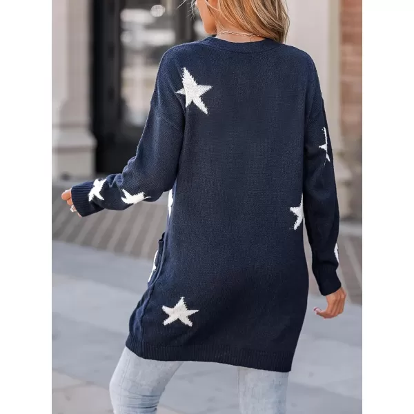 imageCUPSHE Womens Star Print ButtonFront Cardigan Sweaters Fashion Knit Outwear VNeck Cardigans Sweater Coat Long SleeveNavy