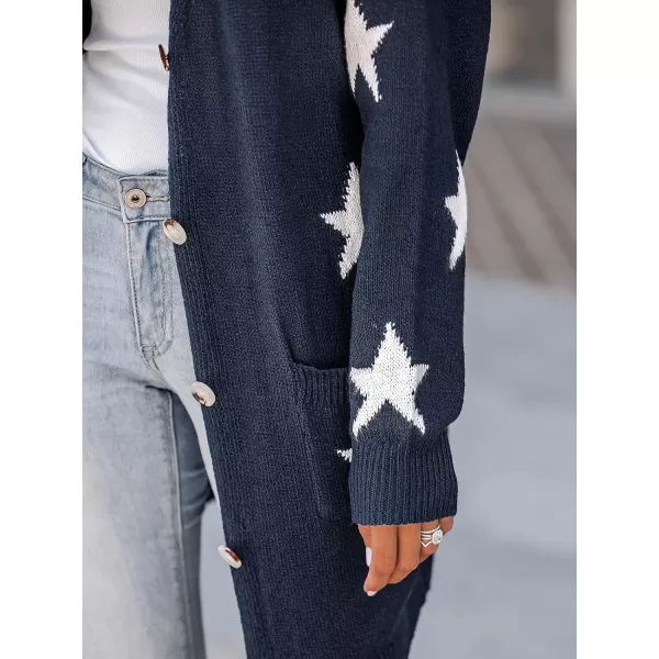 imageCUPSHE Womens Star Print ButtonFront Cardigan Sweaters Fashion Knit Outwear VNeck Cardigans Sweater Coat Long SleeveNavy