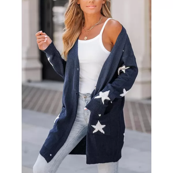 imageCUPSHE Womens Star Print ButtonFront Cardigan Sweaters Fashion Knit Outwear VNeck Cardigans Sweater Coat Long SleeveNavy