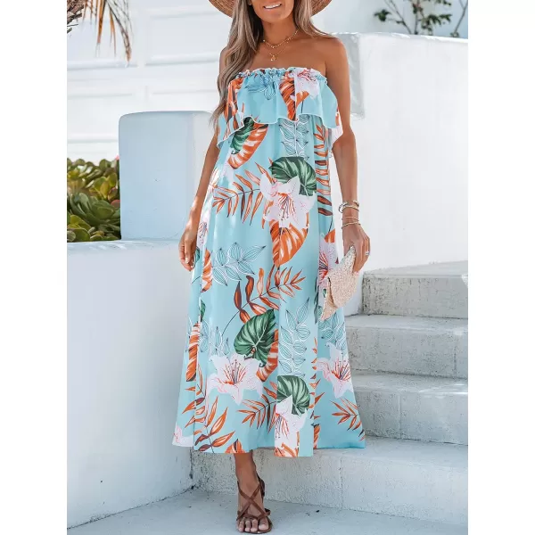 imageCUPSHE Womens Strapless Tropical Leaf Print Long Dress Floral Flounce Tube Formal Dress MaxiLight Blue