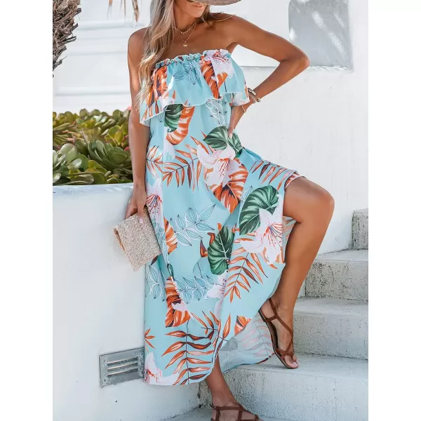 imageCUPSHE Womens Strapless Tropical Leaf Print Long Dress Floral Flounce Tube Formal Dress MaxiLight Blue