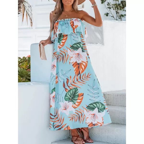 imageCUPSHE Womens Strapless Tropical Leaf Print Long Dress Floral Flounce Tube Formal Dress MaxiLight Blue