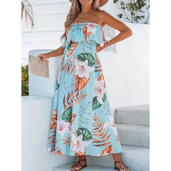 imageCUPSHE Womens Strapless Tropical Leaf Print Long Dress Floral Flounce Tube Formal Dress MaxiLight Blue