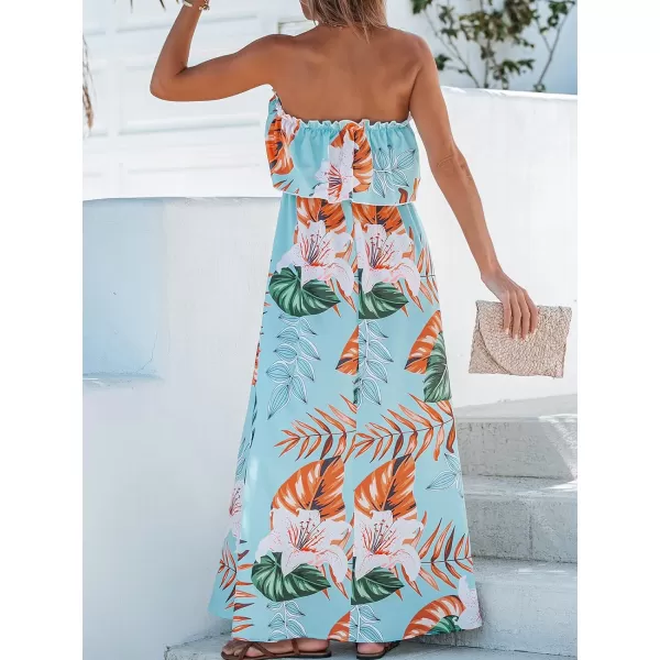 imageCUPSHE Womens Strapless Tropical Leaf Print Long Dress Floral Flounce Tube Formal Dress MaxiLight Blue