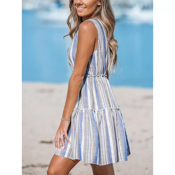 imageCUPSHE Womens Striped Casual Dress V Neck Sleeveless Ruffled Tiered Woven Summer Mini Beach DressesBlue Striped