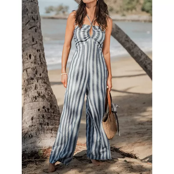 imageCUPSHE Womens Striped Cutout Halter Jumpsuit Stripes Jumpsuit with Wide LegGrey