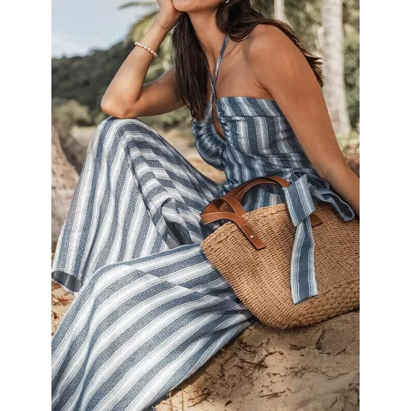 imageCUPSHE Womens Striped Cutout Halter Jumpsuit Stripes Jumpsuit with Wide LegGrey