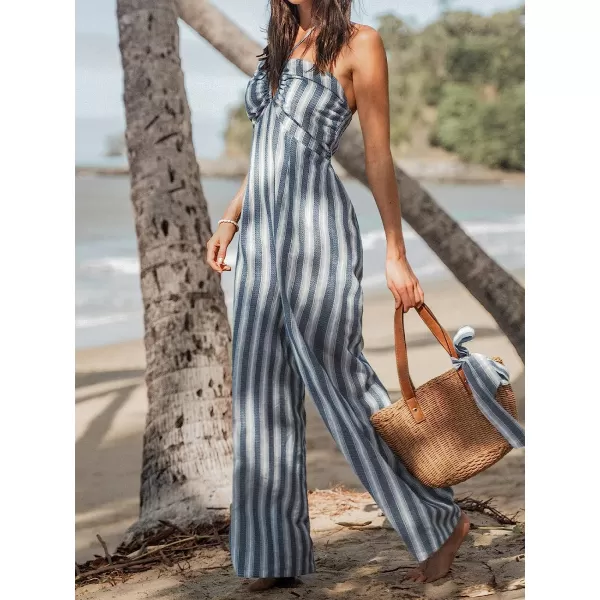 imageCUPSHE Womens Striped Cutout Halter Jumpsuit Stripes Jumpsuit with Wide LegGrey
