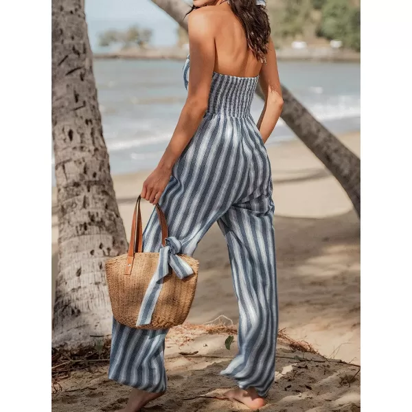 imageCUPSHE Womens Striped Cutout Halter Jumpsuit Stripes Jumpsuit with Wide LegGrey