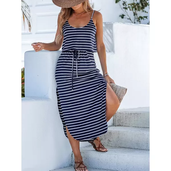 imageCUPSHE Womens Striped Drawstring Waist Maxi Dress Sleeveless Long Dresses Casual SummerBlack