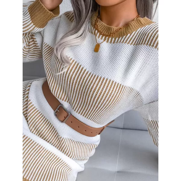 imageCUPSHE Womens Striped Dropped Shoulders Sweater Dress Winter Casual Long Sleeve Knitwear Chic SweatersLight Brown