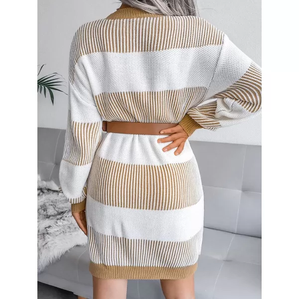 imageCUPSHE Womens Striped Dropped Shoulders Sweater Dress Winter Casual Long Sleeve Knitwear Chic SweatersLight Brown