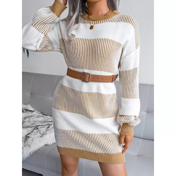 imageCUPSHE Womens Striped Dropped Shoulders Sweater Dress Winter Casual Long Sleeve Knitwear Chic SweatersLight Brown