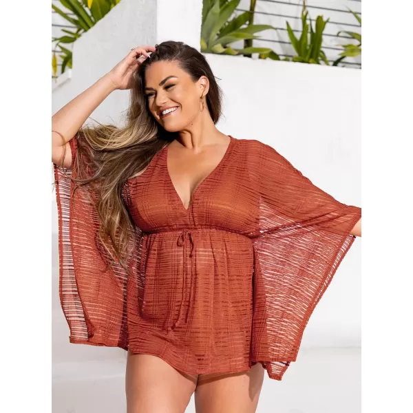 imageCUPSHE Womens Striped Mesh Drawstring CoverUp Dress Mini VNeck Dress Red BeachwearRed