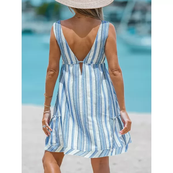 imageCUPSHE Womens Striped Plunge Drawstring Mini Dress Sleeveless with Wide StrapsBlue Striped