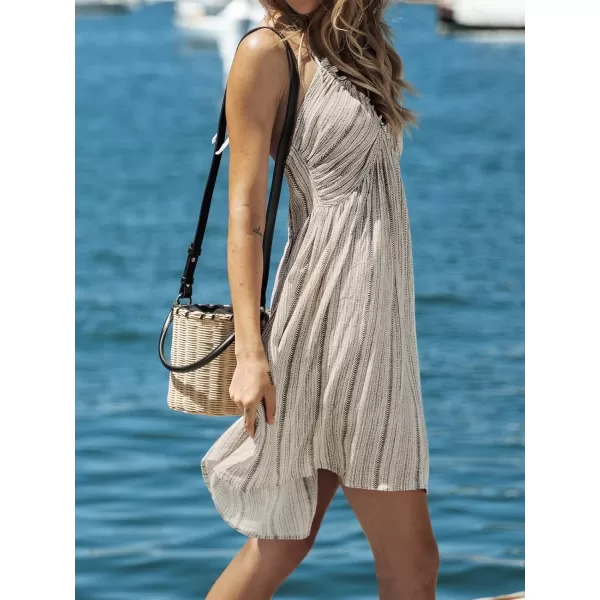imageCUPSHE Womens Striped Ruffled Halter Mini Dress Spaghetti Straps V Neck Flowy A Line DressGrey White