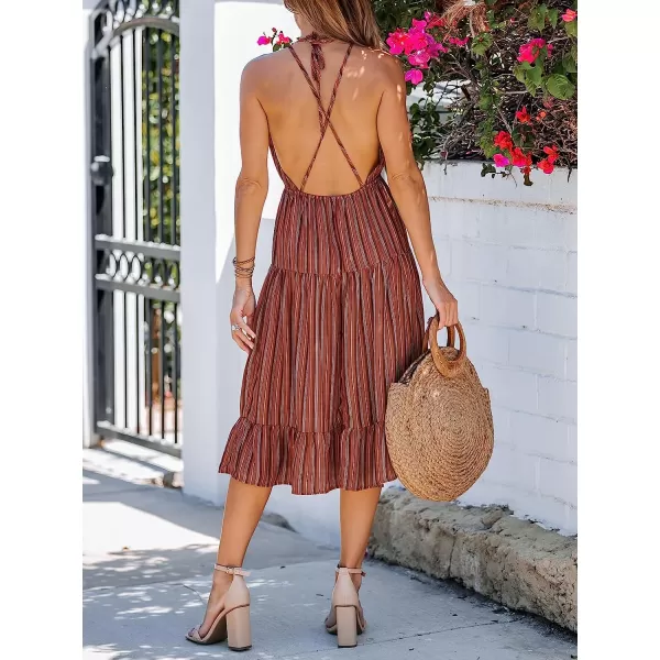 imageCUPSHE Womens Striped Ruffled Midi Dress Halter Strap Summer Dress SleevelessRed Striped