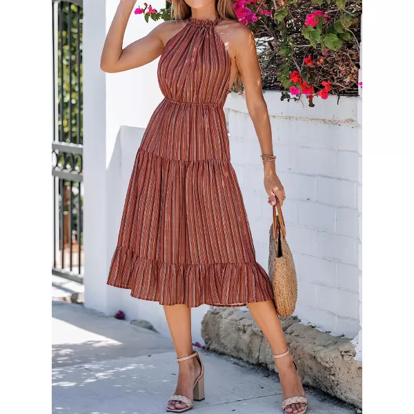 imageCUPSHE Womens Striped Ruffled Midi Dress Halter Strap Summer Dress SleevelessRed Striped