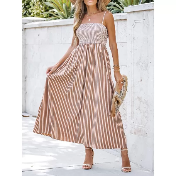 imageCUPSHE Womens Striped Smocked Sleeveless Dress Pockets Formal Dress Maxi Cami Straps DressBrown