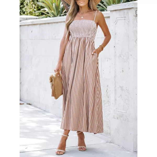 imageCUPSHE Womens Striped Smocked Sleeveless Dress Pockets Formal Dress Maxi Cami Straps DressBrown