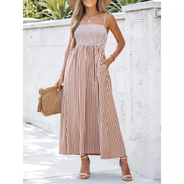 imageCUPSHE Womens Striped Smocked Sleeveless Dress Pockets Formal Dress Maxi Cami Straps DressBrown