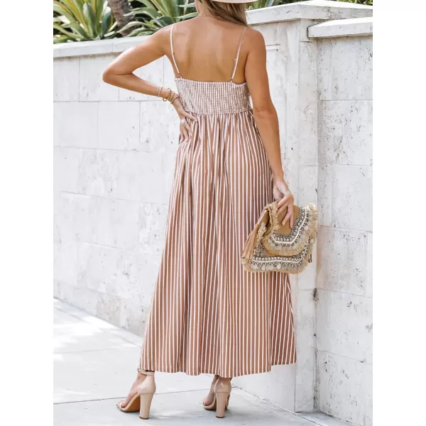 imageCUPSHE Womens Striped Smocked Sleeveless Dress Pockets Formal Dress Maxi Cami Straps DressBrown