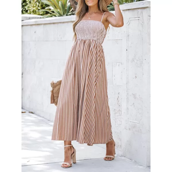 imageCUPSHE Womens Striped Smocked Sleeveless Dress Pockets Formal Dress Maxi Cami Straps DressBrown