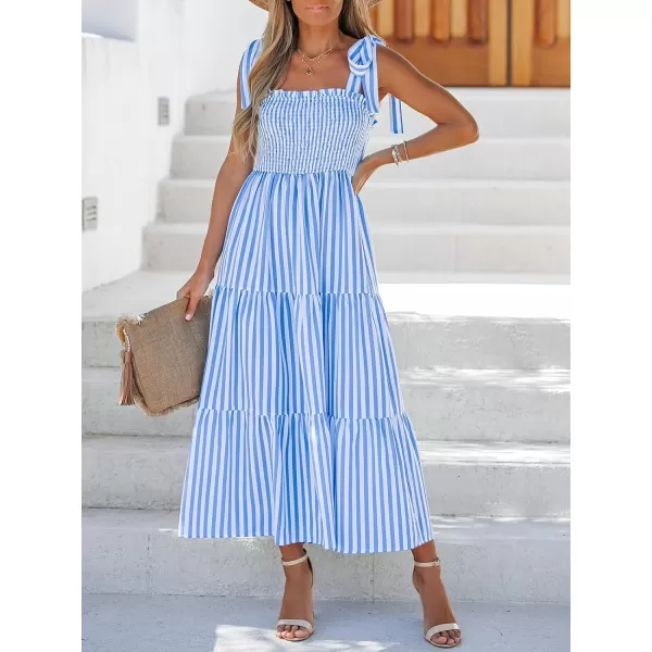 imageCUPSHE Womens Striped Smocked Tie Strap Dress Sleeveless Maxi Dresses Casual SummerBlue