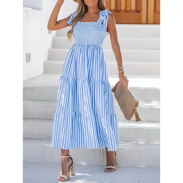 imageCUPSHE Womens Striped Smocked Tie Strap Dress Sleeveless Maxi Dresses Casual SummerBlue