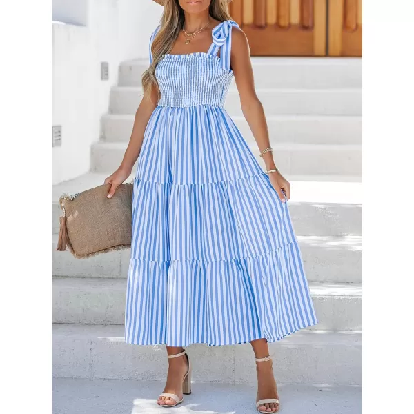 imageCUPSHE Womens Striped Smocked Tie Strap Dress Sleeveless Maxi Dresses Casual SummerBlue