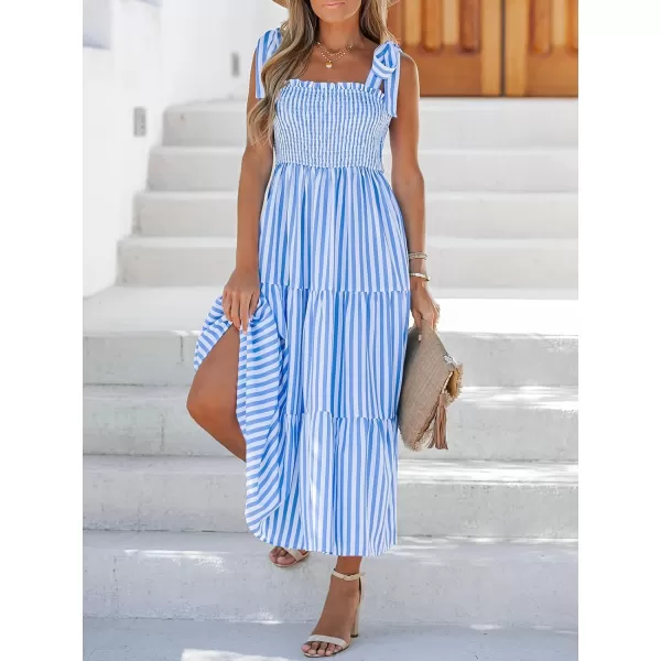 imageCUPSHE Womens Striped Smocked Tie Strap Dress Sleeveless Maxi Dresses Casual SummerBlue