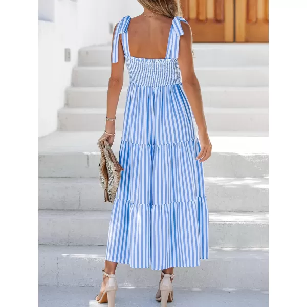 imageCUPSHE Womens Striped Smocked Tie Strap Dress Sleeveless Maxi Dresses Casual SummerBlue