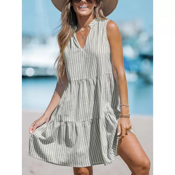 imageCUPSHE Womens Striped Split Neck Ruffled Mini Dress V Neck Sleeveless Dresses Casual SummerBlack