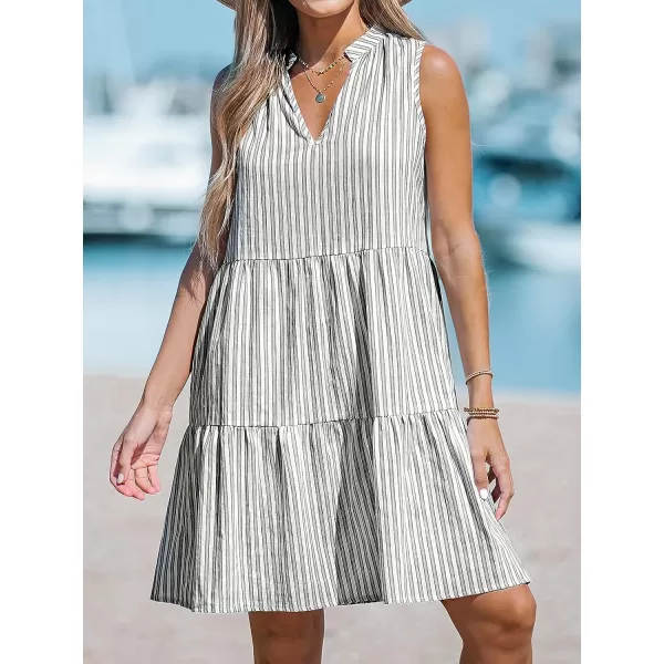 imageCUPSHE Womens Striped Split Neck Ruffled Mini Dress V Neck Sleeveless Dresses Casual SummerBlack