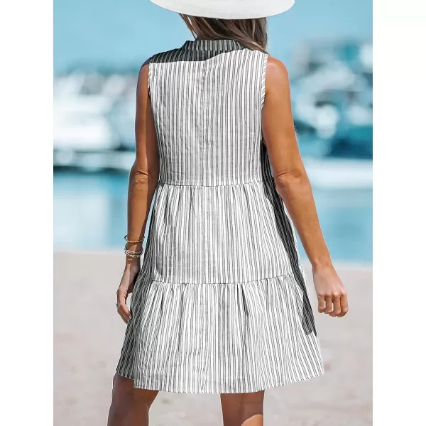 imageCUPSHE Womens Striped Split Neck Ruffled Mini Dress V Neck Sleeveless Dresses Casual SummerBlack